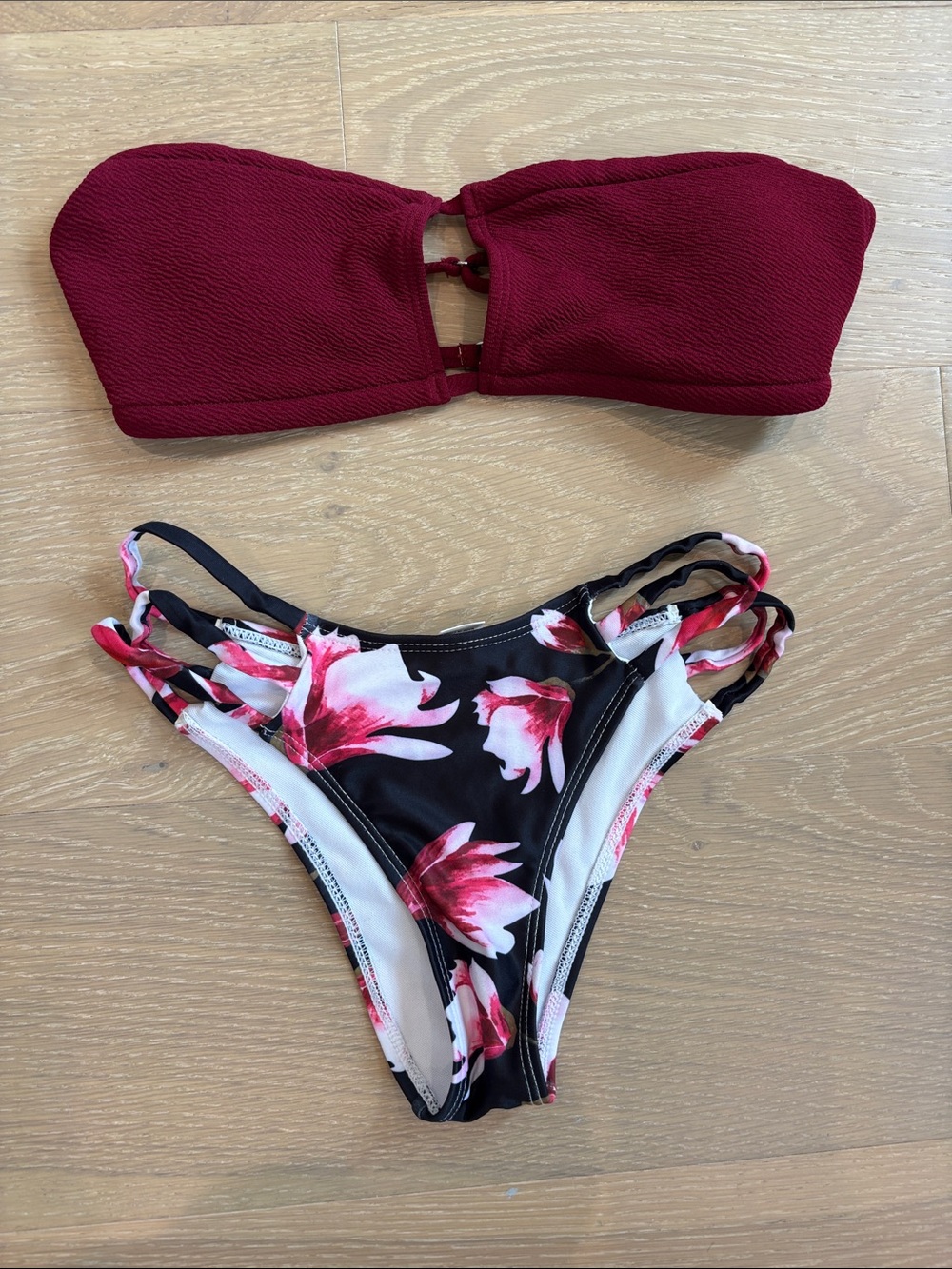 Women’s Bandeau Bikini Set - Burgundy Top with Black Floral Bottom